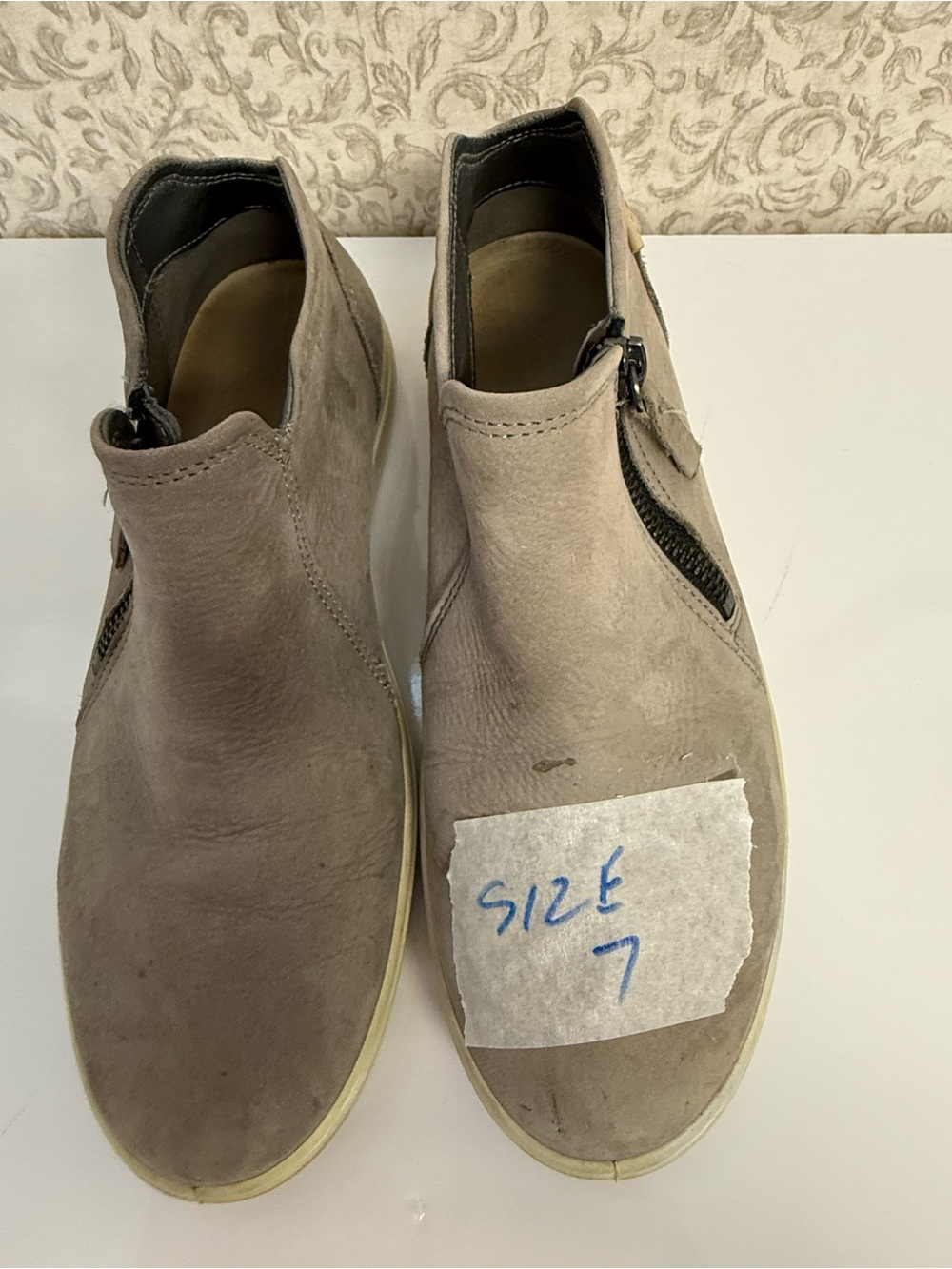 Ladies Ecco Taupe Suede Slip-On Ankle Shoes with Side Zipper Size 7